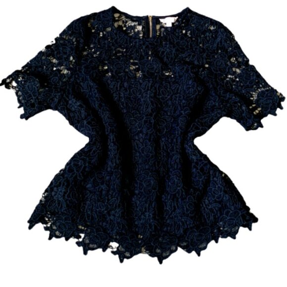 Nanette Lepore Black Guipure Lace Short Sleeve Top Sz L #17E - Picture 2 of 8